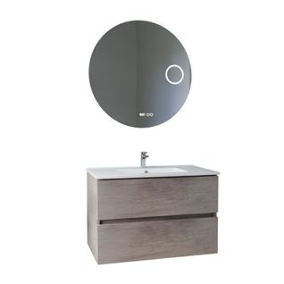 Meuble Vasque Rosaly Inox 80 Cm + Miroir Rondinara- Bois- Plan Vasque En Céramique