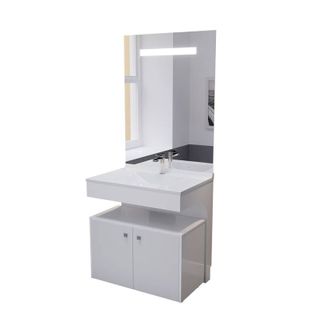 Meuble Vasque Pmr Epure 80 Cm Avec Miroir LED Elégance Et Caisson Roulant - Blanc Brillant