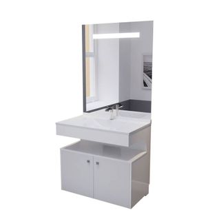 Meuble Vasque Pmr Epure 90 Cm Avec Miroir LED Elégance Et Caisson Roulant - Blanc Brillant