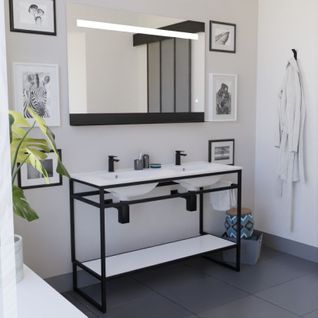 Ensemble Structura 120 Cm Avec Plan Double Vasque Et Miroir LED Etal- Céramique - Blanc