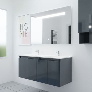 Meuble Proline 120 Cm Avec Plan Double Vasque Et Miroir Elégance Ht80- Gris- Céramique