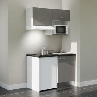 Kitchenette K02l-pt - 120 Cm-façade Gris-plan Noir Texturé-evier Inox-crédences Non+electro Blanc