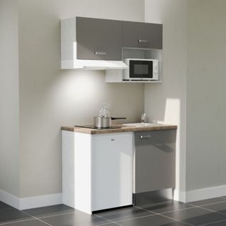 Kitchenette K02l-pt - 120 Cm-façade Gris-plan Bois-evier Inox-crédences Non+electro Blanc