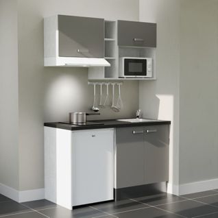 Kitchenette K13l-pt - 140 Cm-façade Gris-plan Noir Texturé-evier Inox-crédences Non+electro Blanc