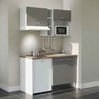 Kitchenette K13l-pt - 140 Cm-façade Gris-plan Bois-evier Inox-crédences Non+electro Blanc