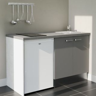 Kitchenette K17l-pt - 140 Cm-façade Gris-plan Gris Béton-evier Inox-crédences Non+electro Blanc