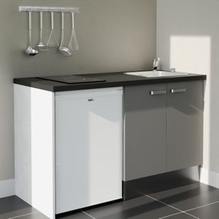 Kitchenette K17l-pt - 140 Cm-façade Gris-plan Noir Texturé-evier Inox-crédences Non+electro Blanc