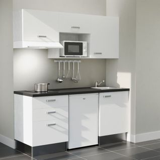 Kitchenette K20l-pt - 180 Cm-façade Blanc-plan Noir Texturé-evier Inox-crédences Non+electro Blanc