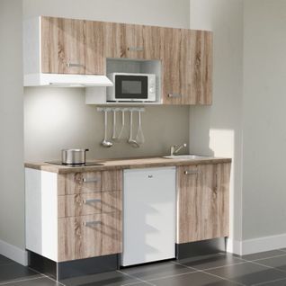 Kitchenette K20l-pt - 180 Cm-façade Bois-plan Bois-evier Inox-crédences Non+electro Blanc