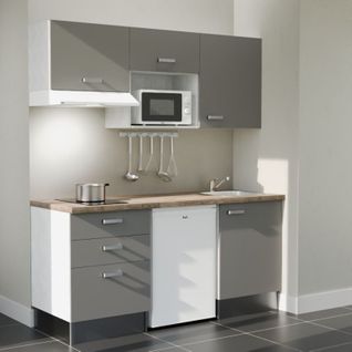 Kitchenette K20l-pt - 180 Cm-façade Gris-plan Bois-evier Inox-crédences Non+electro Blanc