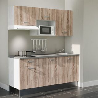 Kitchenette K30l-pt - 180 Cm-façade Bois-plan Gris Béton-evier Inox-crédences Non+electro Blanc