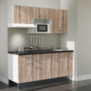 Kitchenette K30l-pt - 180 Cm-façade Bois-plan Noir Texturé-evier Inox-crédences Non+electro Blanc