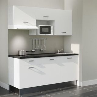 Kitchenette K30l-pt - 180 Cm-façade Blanc-plan Noir Texturé-evier Inox-crédences Non+electro Blanc