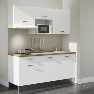 Kitchenette K30l-pt - 180 Cm-façade Blanc-plan Bois-evier Inox-crédences Non+electro Blanc