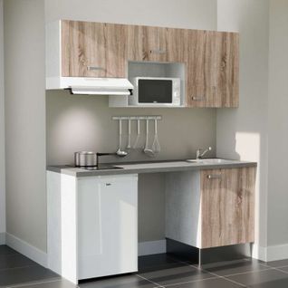 Kitchenette K55l-pt - 180 Cm-façade Bois-plan Gris Béton-evier Inox-crédences Non+electro Blanc