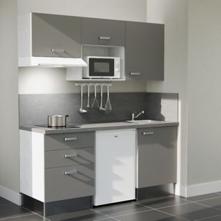 Kitchenette K20l-pt - 180 Cm-façade Gris-plan Gris Béton-evier Inox-crédences Oui+electro Blanc