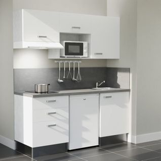 Kitchenette K20l-pt - 180 Cm-façade Blanc-plan Gris Béton-evier Inox-crédences Oui+electro Blanc