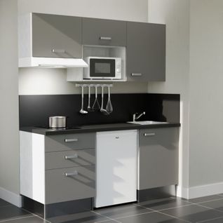 Kitchenette K20l-pt - 180 Cm-façade Gris-plan Noir Texturé-evier Inox-crédences Oui+electro Blanc