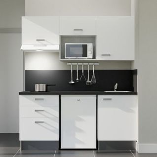 Kitchenette K20l-pt - 180 Cm-façade Blanc-plan Noir Texturé-evier Inox-crédences Oui+electro Blanc