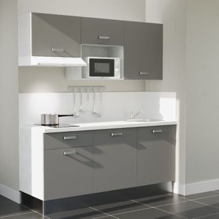 Kitchenette K30l-pt - 180 Cm-façade Gris-plan Blanc-evier Inox-crédences Oui+electro Blanc