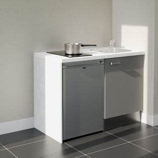 Kitchenette K08l-pt - 120 Cm-façade Gris-plan Blanc-evier Inox-crédences Non+electro Inox