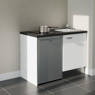 Kitchenette K08l-pt - 120 Cm-façade Blanc-plan Noir Texturé-evier Inox-crédences Non+electro Inox