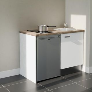 Kitchenette K08l-pt - 120 Cm-façade Blanc-plan Bois-evier Inox-crédences Non+electro Inox