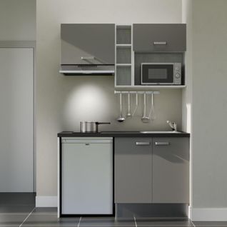Kitchenette K13l-pt - 140 Cm-façade Gris-plan Noir Texturé-evier Inox-crédences Non+electro Inox