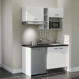 Kitchenette K13l-pt - 140 Cm-façade Blanc-plan Noir Texturé-evier Inox-crédences Non+electro Inox