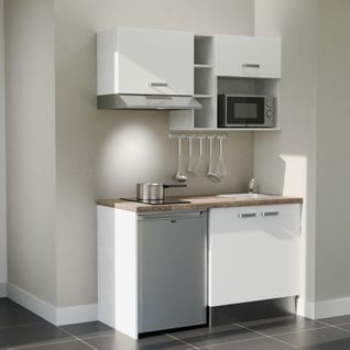 Kitchenette K13l-pt - 140 Cm-façade Blanc-plan Bois-evier Inox-crédences Non+electro Inox