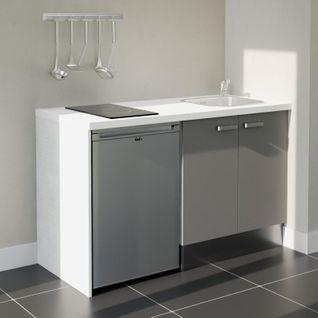 Kitchenette K17l-pt - 140 Cm-façade Gris-plan Blanc-evier Inox-crédences Non+electro Inox