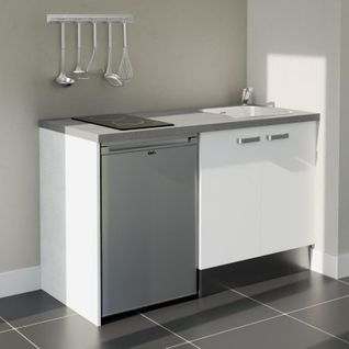 Kitchenette K17l-pt - 140 Cm-façade Blanc-plan Gris Béton-evier Inox-crédences Non+electro Inox