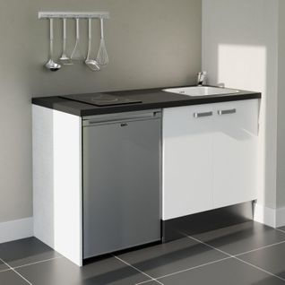 Kitchenette K17l-pt - 140 Cm-façade Blanc-plan Noir Texturé-evier Inox-crédences Non+electro Inox