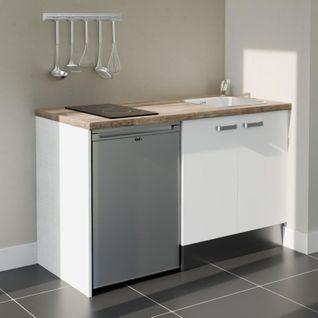 Kitchenette K17l-pt - 140 Cm-façade Blanc-plan Bois-evier Inox-crédences Non+electro Inox