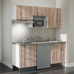 Kitchenette K20l-pt - 180 Cm-façade Bois-plan Gris Béton-evier Inox-crédences Non+electro Inox