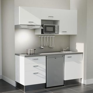 Kitchenette K20l-pt - 180 Cm-façade Blanc-plan Gris Béton-evier Inox-crédences Non+electro Inox