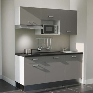 Kitchenette K30l-pt - 180 Cm-façade Gris-plan Noir Texturé-evier Inox-crédences Non+electro Inox