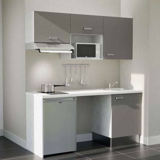 Kitchenette K55l-pt - 180 Cm-façade Gris-plan Blanc-evier Inox-crédences Non+electro Inox