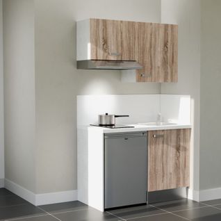 Kitchenette K01l-pt - 120 Cm-façade Bois-plan Blanc-evier Inox-crédences Oui+electro Inox