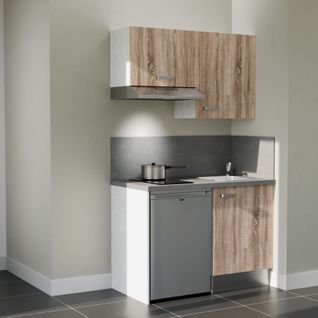 Kitchenette K01l-pt - 120 Cm-façade Bois-plan Gris Béton-evier Inox-crédences Oui+electro Inox
