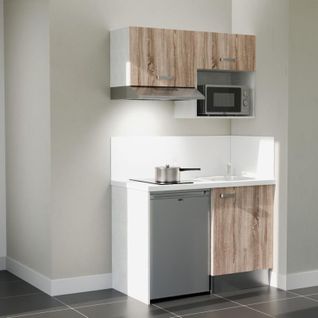 Kitchenette K02l-pt - 120 Cm-façade Bois-plan Blanc-evier Inox-crédences Oui+electro Inox