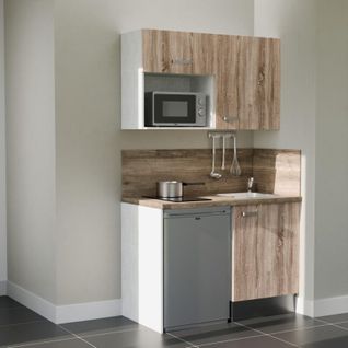Kitchenette K07l-pt - 120 Cm-façade Bois-plan Bois-evier Inox-crédences Oui+electro Inox