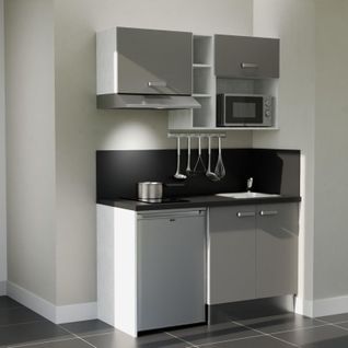 Kitchenette K13l-pt - 140 Cm-façade Gris-plan Noir Texturé-evier Inox-crédences Oui+electro Inox