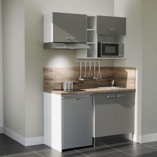 Kitchenette K13l-pt - 140 Cm-façade Gris-plan Bois-evier Inox-crédences Oui+electro Inox