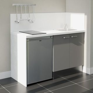 Kitchenette K17l-pt - 140 Cm-façade Gris-plan Blanc-evier Inox-crédences Oui+electro Inox