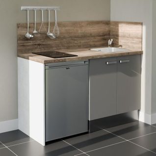 Kitchenette K17l-pt - 140 Cm-façade Gris-plan Bois-evier Inox-crédences Oui+electro Inox