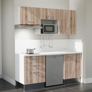 Kitchenette K20l-pt - 180 Cm-façade Bois-plan Blanc-evier Inox-crédences Oui+electro Inox