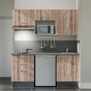 Kitchenette K20l-pt - 180 Cm-façade Bois-plan Gris Béton-evier Inox-crédences Oui+electro Inox