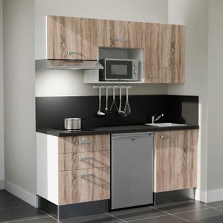Kitchenette K20l-pt - 180 Cm-façade Bois-plan Noir Texturé-evier Inox-crédences Oui+electro Inox