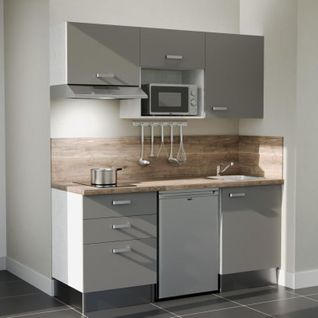 Kitchenette K20l-pt - 180 Cm-façade Gris-plan Bois-evier Inox-crédences Oui+electro Inox